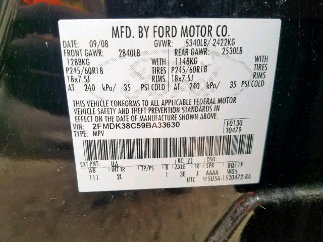 2FMDK38C59BA33630 - 2009 FORD EDGE SEL BLACK photo 10