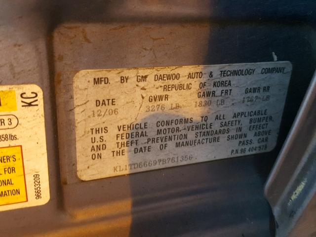 KL1TD66697B761356 - 2007 CHEVROLET AVEO BASE Mavi foto 10