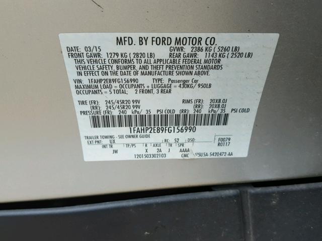 1FAHP2E89FG156990 - 2015 FORD TAURUS SEL SILVER photo 10