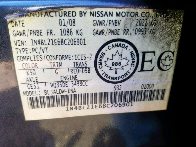 1N4BL21E68C206901 - 2008 NISSAN ALTIMA 3.5 GRAY photo 10