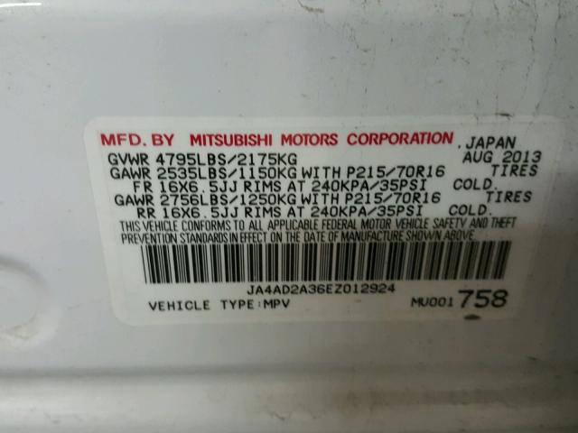 JA4AD2A36EZ012924 - 2014 MITSUBISHI OUTLANDER WHITE photo 10