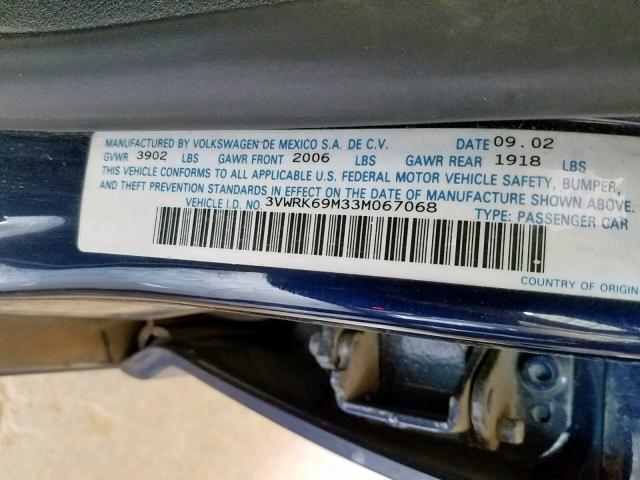 3VWRK69M33M067068 - 2003 VOLKSWAGEN JETTA GL BLUE photo 10