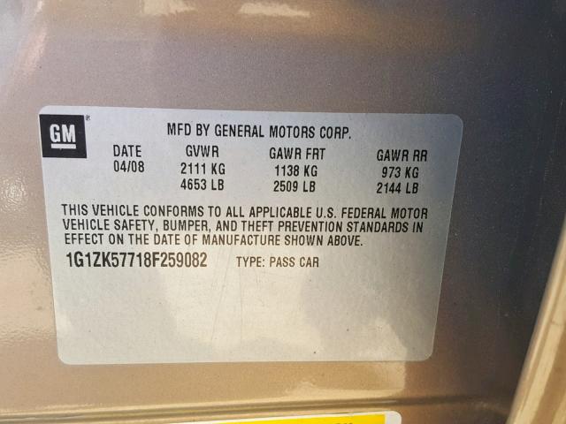 1G1ZK57718F259082 - 2008 CHEVROLET MALIBU LTZ თაფლისფერი ფოტო 10