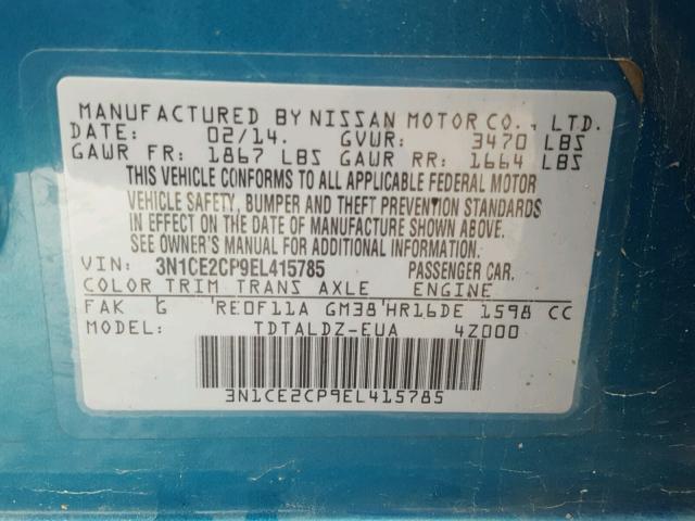 3N1CE2CP9EL415785 - 2014 NISSAN VERSA NOTE BLACK photo 10