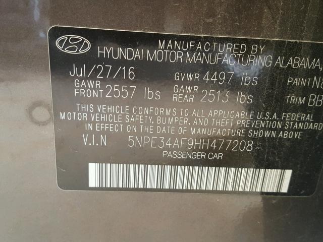 5NPE34AF9HH477208 - 2017 HYUNDAI SONATA SPO BROWN photo 10