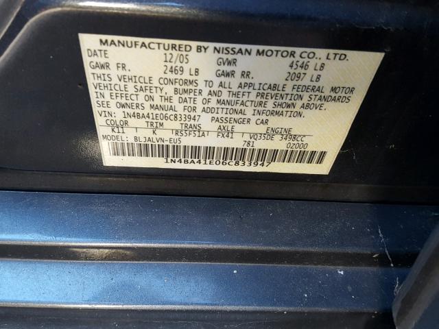 1N4BA41E06C833947 - 2006 NISSAN MAXIMA SE GRAY photo 10