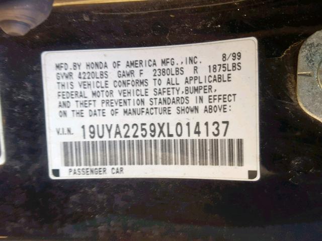 19UYA2259XL014137 - 1999 ACURA 3.0CL BLACK photo 10