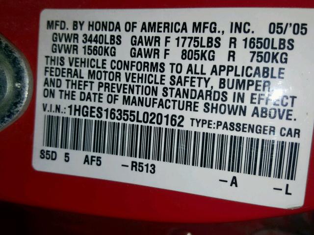 1HGES16355L020162 - 2005 HONDA CIVIC DX V RED photo 10