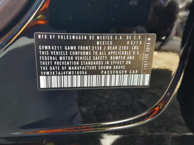3VW2K7AJ4FM316054 - 2015 VOLKSWAGEN JETTA BASE 黑色 照片 10