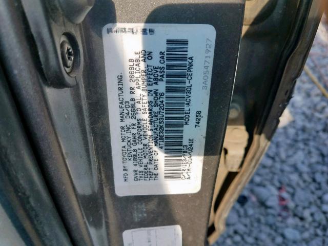 4T1BE32K53U720476 - 2003 TOYOTA CAMRY LE CHARCOAL photo 10