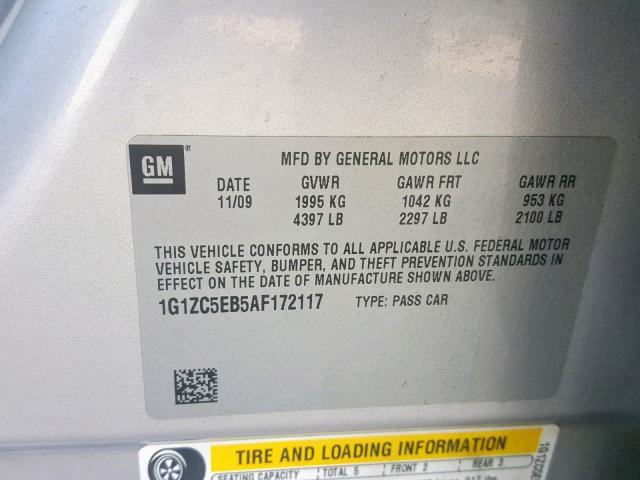 1G1ZC5EB5AF172117 - 2010 CHEVROLET MALIBU 1LT 银色 照片 10