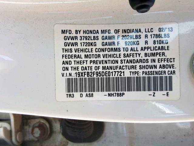 19XFB2F95DE017721 - 2013 HONDA CIVIC EXL 白色 照片 10