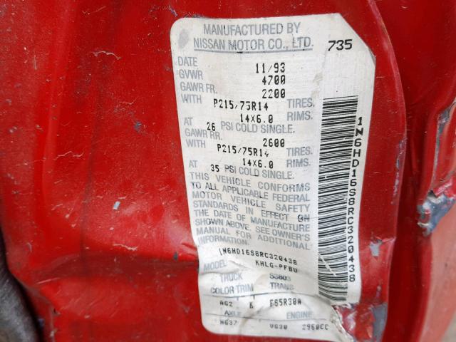 1N6HD16S8RC320438 - 1994 NISSAN TRUCK KING RED photo 10