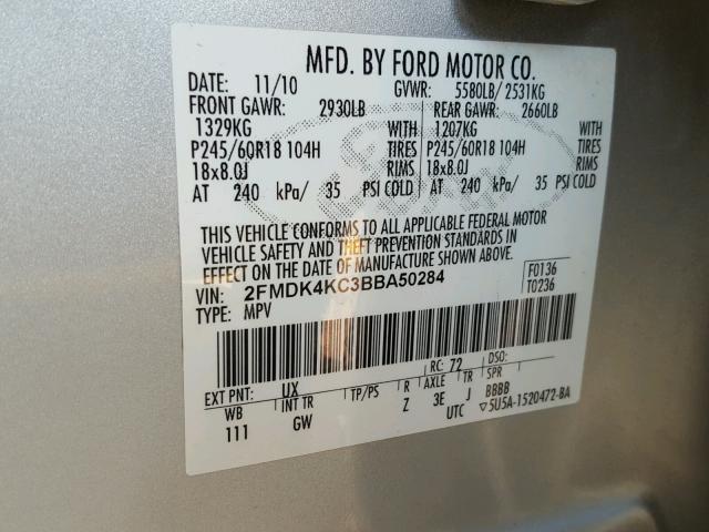 2FMDK4KC3BBA50284 - 2011 FORD EDGE LIMIT SILVER photo 10