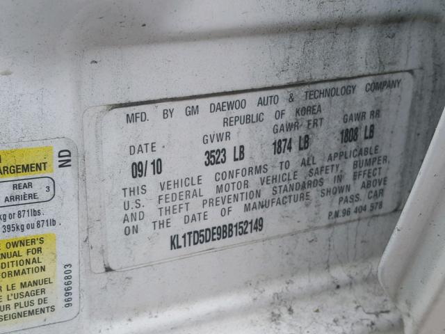 KL1TD5DE9BB152149 - 2011 CHEVROLET AVEO LS WHITE photo 10