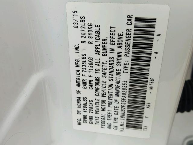 19UUB2F55FA020355 - 2015 ACURA TLX TECH თეთრი ფოტო 10