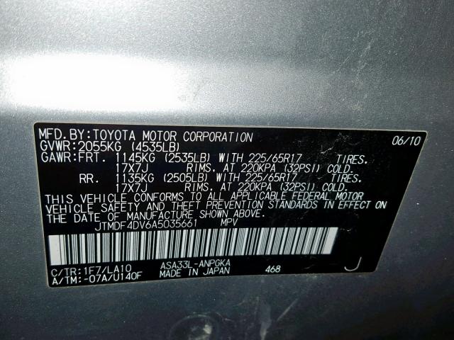 JTMDF4DV6A5035661 - 2010 TOYOTA RAV4 LIMIT SILVER photo 10