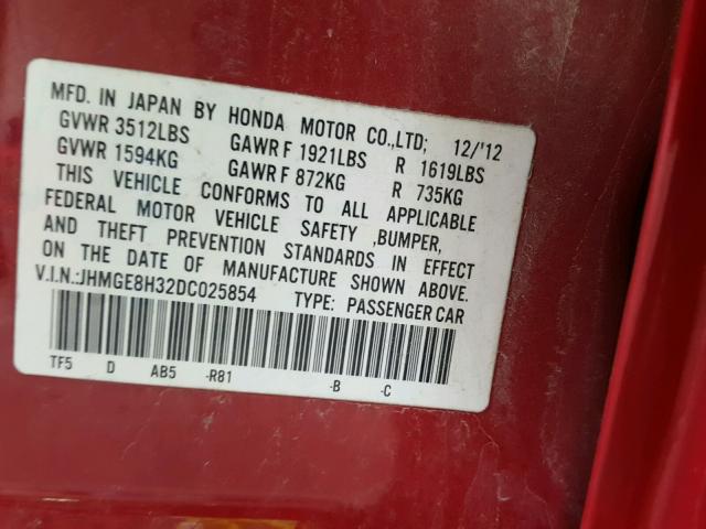 JHMGE8H32DC025854 - 2013 HONDA FIT RED photo 10