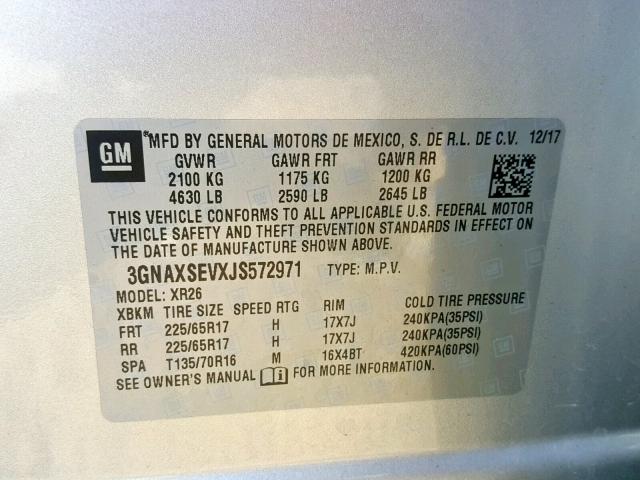 3GNAXSEVXJS572971 - 2018 CHEVROLET EQUINOX LT SILVER photo 10