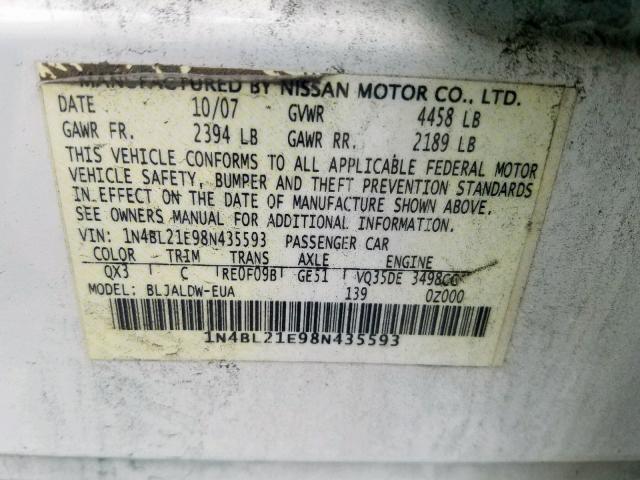 1N4BL21E98N435593 - 2008 NISSAN ALTIMA 3.5 WHITE photo 10