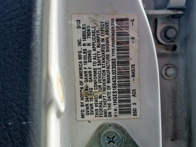 1HGES16543L023083 - 2003 HONDA CIVIC LX WHITE photo 10