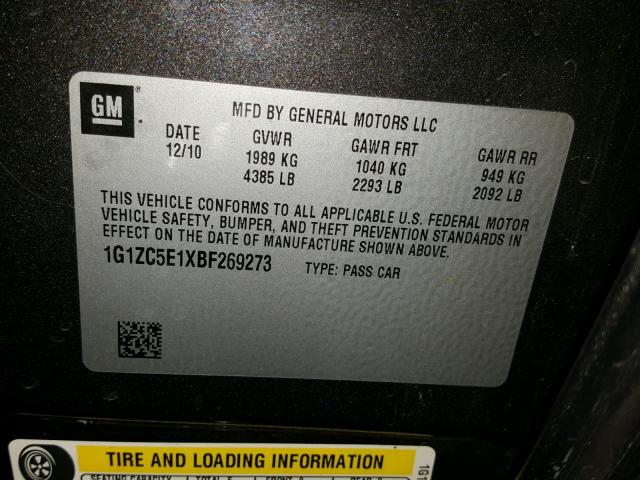 1G1ZC5E1XBF269273 - 2011 CHEVROLET MALIBU 1LT GRAY photo 10