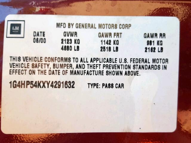 1G4HP54KXY4291632 - 2000 BUICK LESABRE CU BURGUNDY photo 10