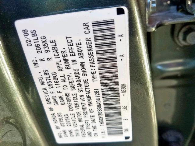 1HGCP36888A041281 - 2008 HONDA ACCORD EXL GREEN photo 10