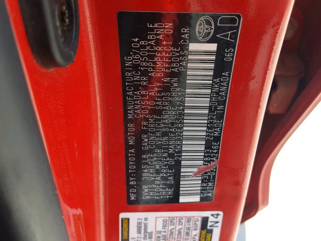 2T1KR32E85C347517 - 2005 TOYOTA COROLLA MA RED photo 10