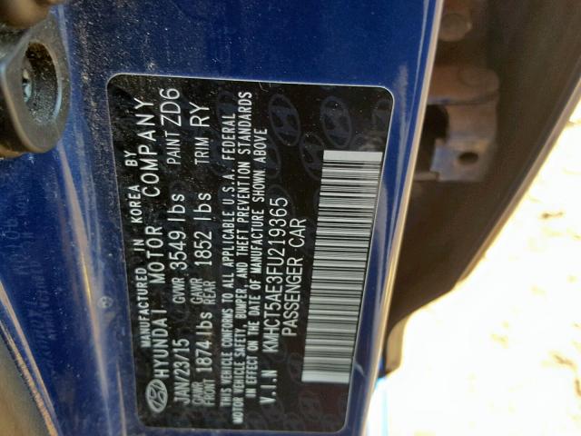 KMHCT5AE3FU219365 - 2015 HYUNDAI ACCENT GS BLUE photo 10