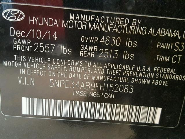 5NPE34AB9FH152083 - 2015 HYUNDAI SONATA SPO BLACK photo 10