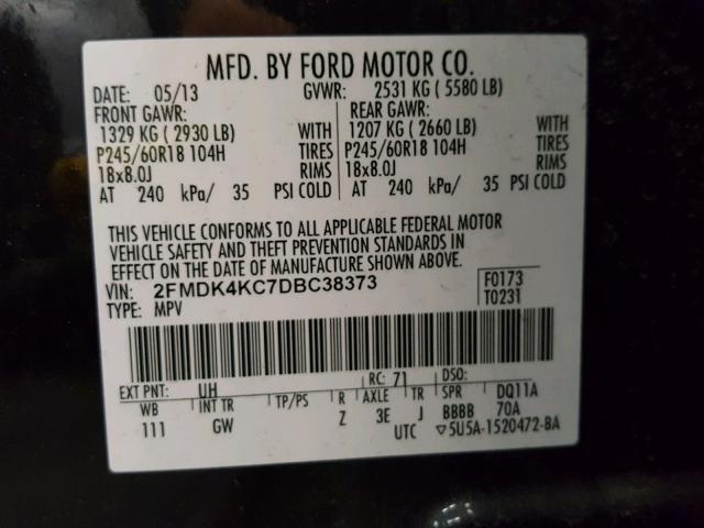 2FMDK4KC7DBC38373 - 2013 FORD EDGE LIMIT BLACK photo 10