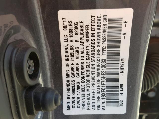 19XFC1F76HE213033 - 2017 HONDA CIVIC EXL GRAY photo 10