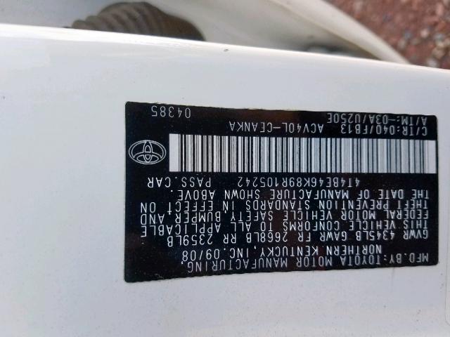 4T4BE46K89R105242 - 2009 TOYOTA CAMRY BASE WHITE photo 10