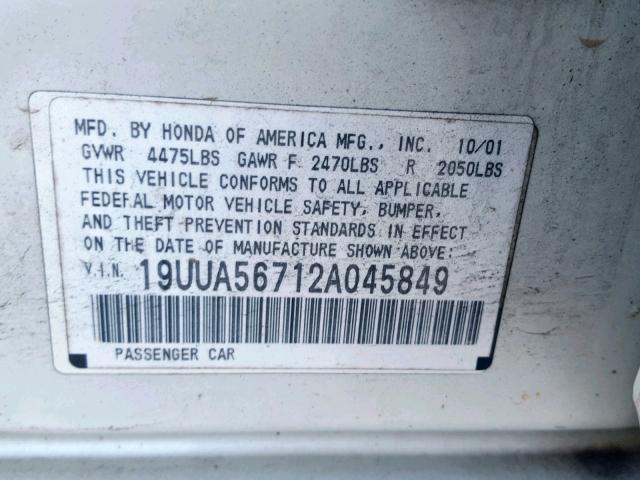 19UUA56712A045849 - 2002 ACURA 3.2TL WHITE photo 10