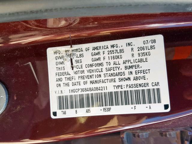 1HGCP36848A084211 - 2008 HONDA ACCORD EXL MAROON photo 10