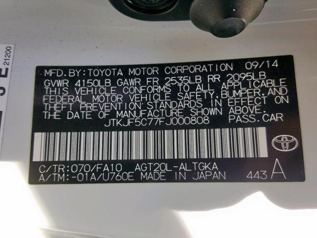 JTKJF5C77FJ000808 - 2015 TOYOTA SCION TC თეთრი ფოტო 10