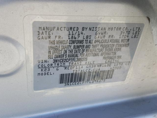 3N1CE2CP7FL395375 - 2015 NISSAN VERSA NOTE SILVER photo 10