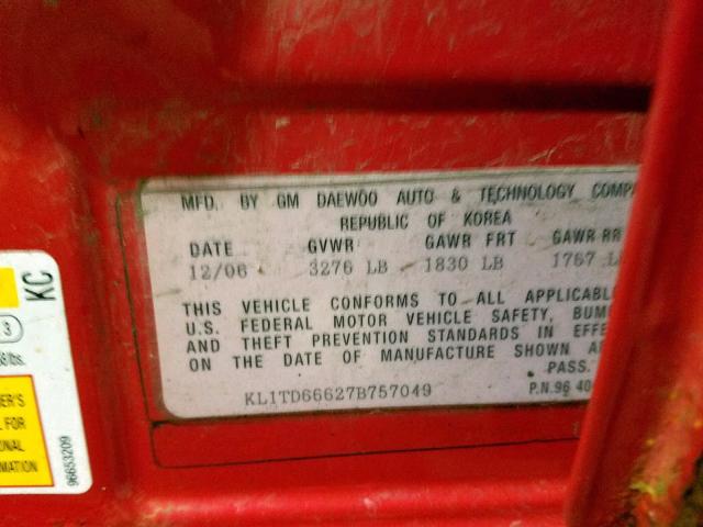 KL1TD66627B757049 - 2007 CHEVROLET AVEO BASE Qırmızı foto 10