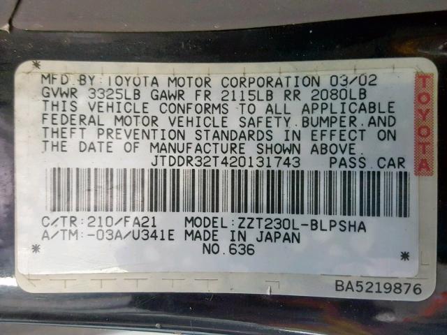 JTDDR32T420131743 - 2002 TOYOTA CELICA GT BLACK photo 10