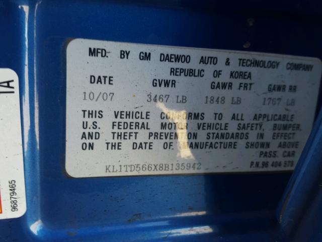 KL1TD566X8B135942 - 2008 CHEVROLET AVEO BASE Көк фото 10