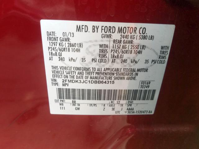 2FMDK3JC1DBB64315 - 2013 FORD EDGE SEL RED photo 10