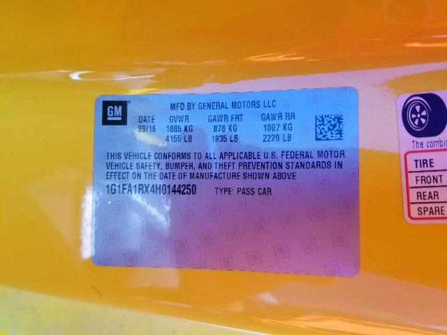 1G1FA1RX4H0144250 - 2017 CHEVROLET CAMARO LS YELLOW photo 10