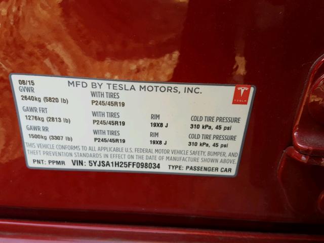 5YJSA1H25FF098034 - 2015 TESLA MODEL S 85 RED photo 10