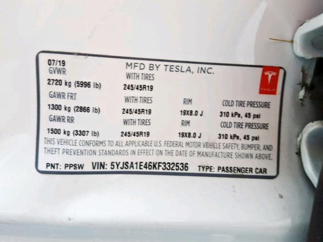 5YJSA1E46KF332536 - 2019 TESLA MODEL S أبيض صورة 10