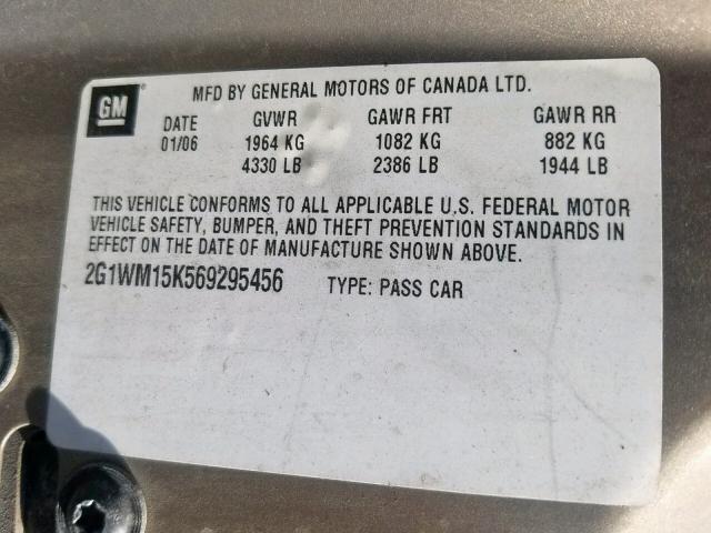 2G1WM15K569295456 - 2006 CHEVROLET MONTE CARL ყავისფერი ფოტო 10