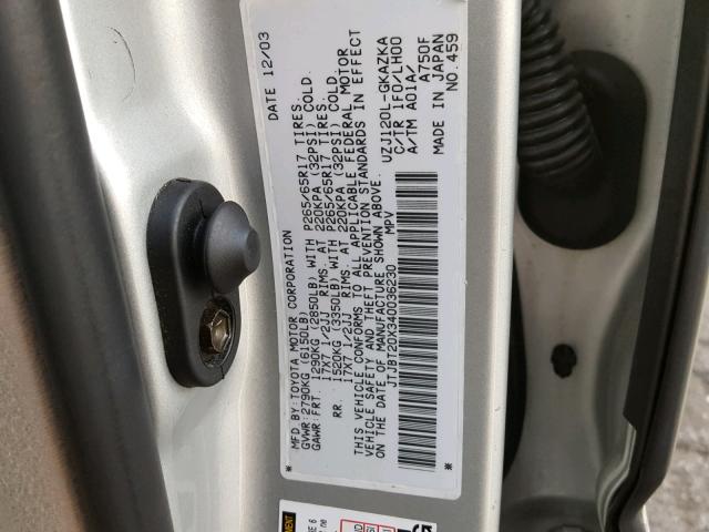 JTJBT20X340036230 - 2004 LEXUS GX 470 SILVER photo 10