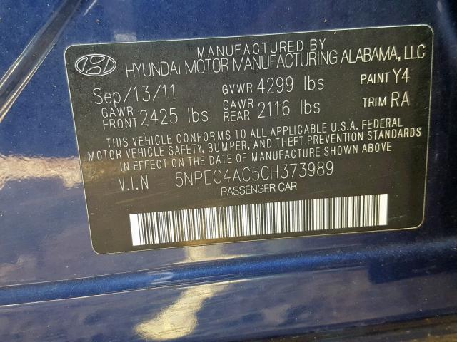 5NPEC4AC5CH373989 - 2012 HYUNDAI SONATA SE BLUE photo 10