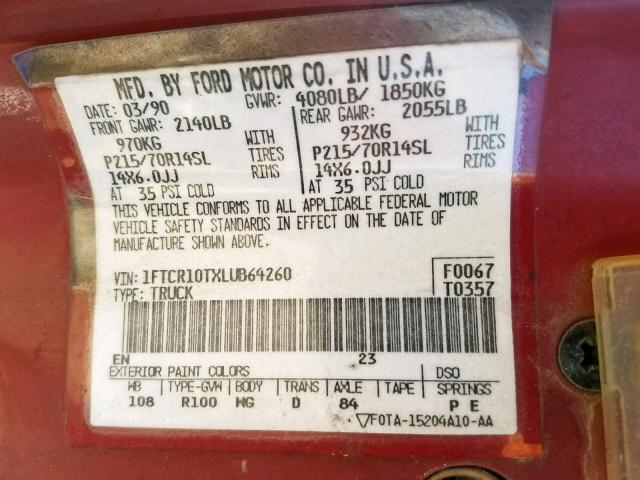 1FTCR10TXLUB64260 - 1990 FORD RANGER RED photo 10