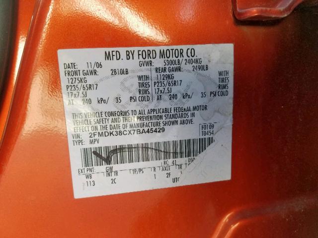 2FMDK38CX7BA45429 - 2007 FORD EDGE SEL ORANGE photo 10